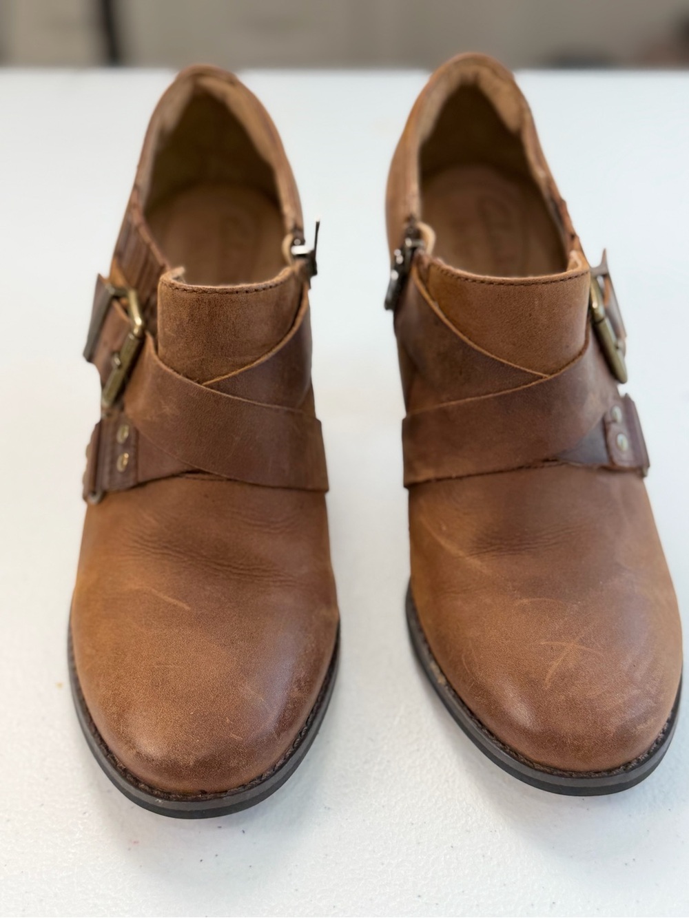 Clarks Artisan Brown Leather Buckle Ankle Booties Heels Women’s 8M